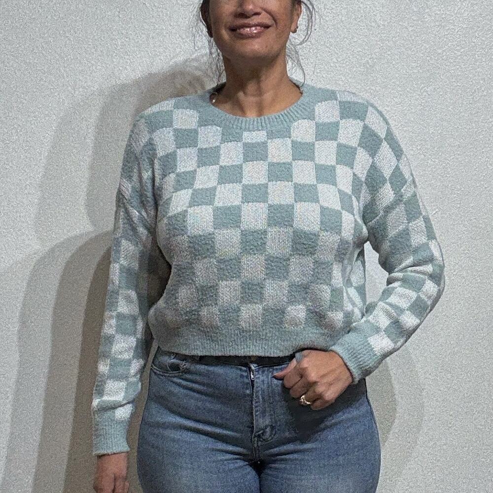 Debut Mint Checkered Crop Sweater Sz M